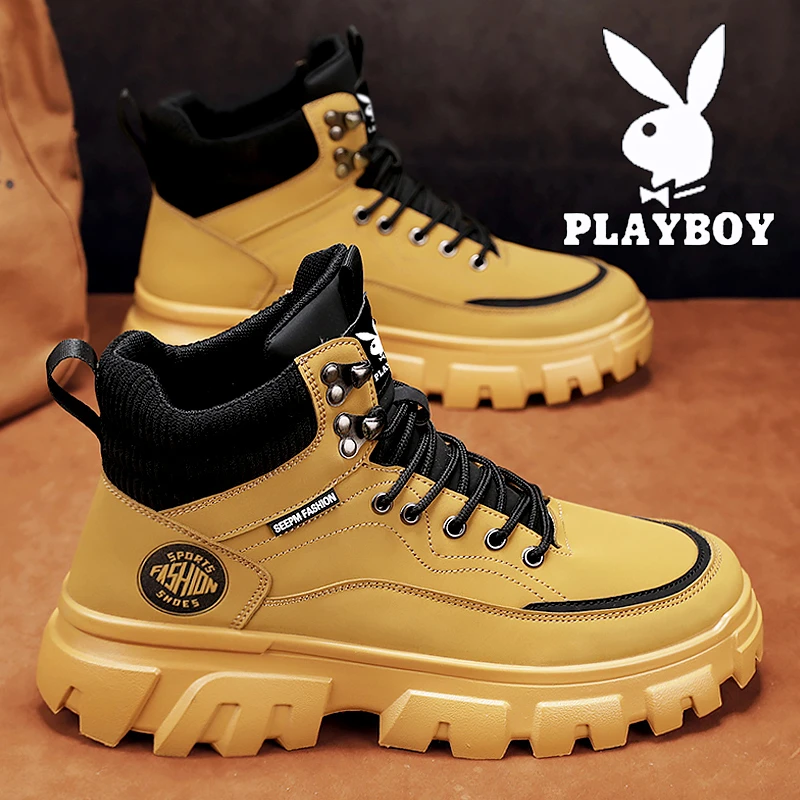 花花公子工装靴高帮秋冬季2025新款英伦厚底户外军绿色运动马丁靴