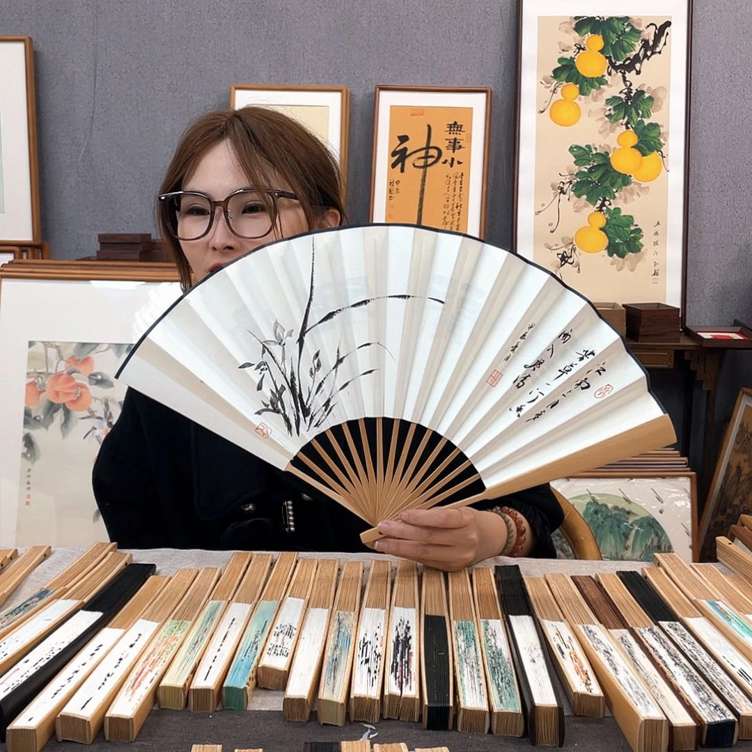 国画10寸玉竹-纯手绘-文玩扇骨（默认粘好）