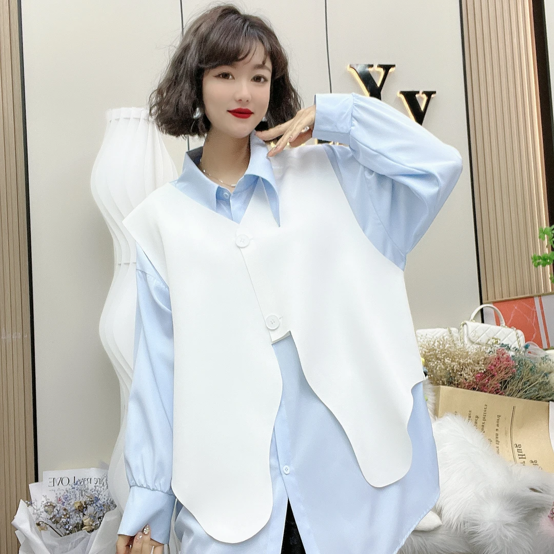 YY大码（韩里韩气)时尚洋气百搭配色拼接高级两件套马甲套装