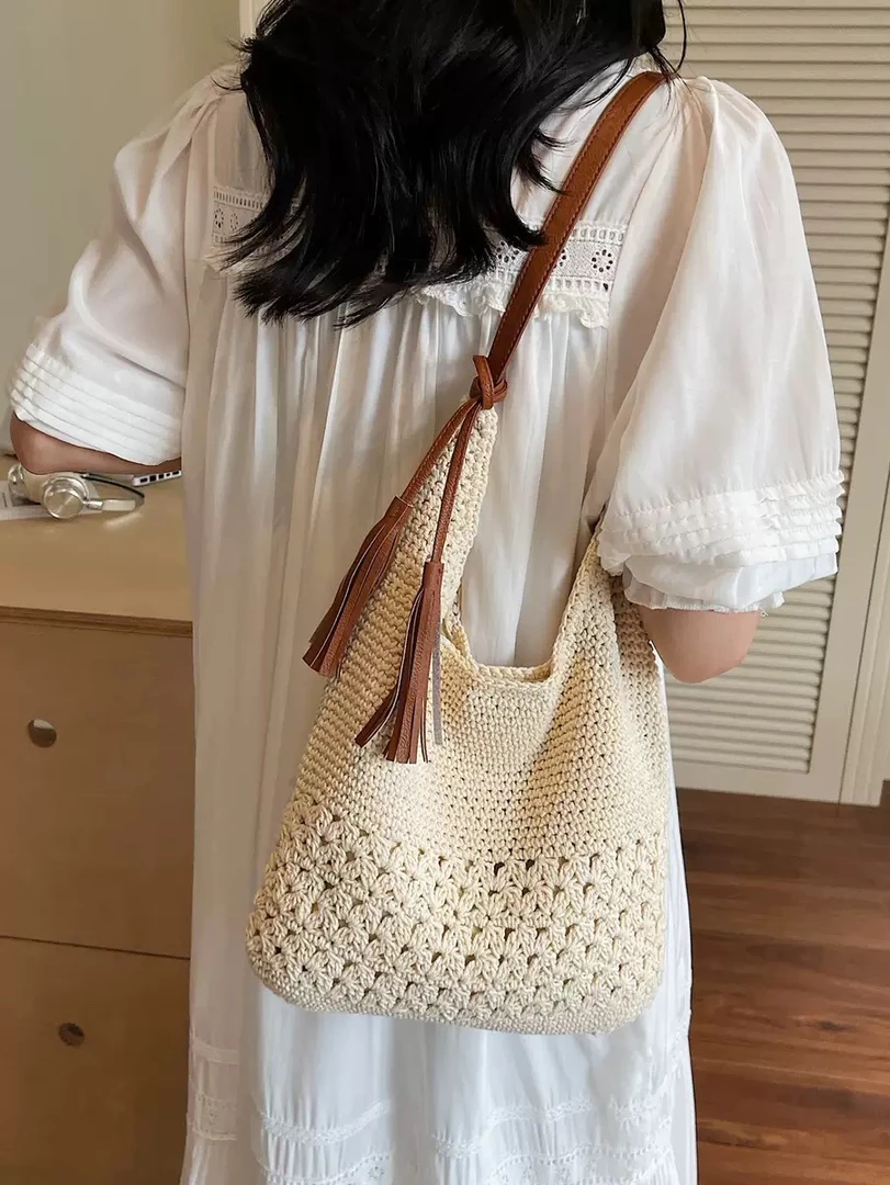 夏季棉线编织包包女大容量通勤单肩腋下包海边度假沙滩斜挎托特包