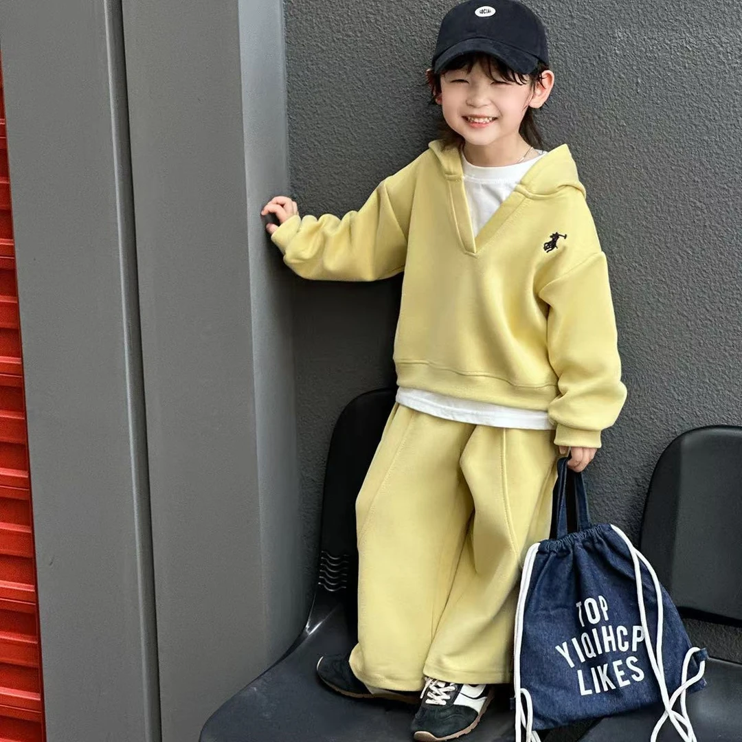 2025秋季新款女童男童韩版时尚两件套设计刺绣标休闲连帽卫衣套装
