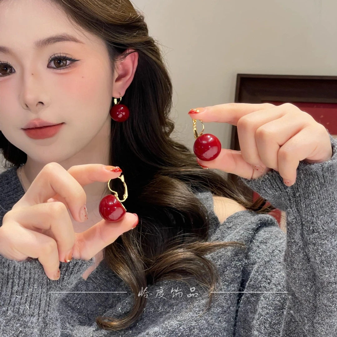 【恰度】复古百搭车厘子红圆形珠珠耳扣