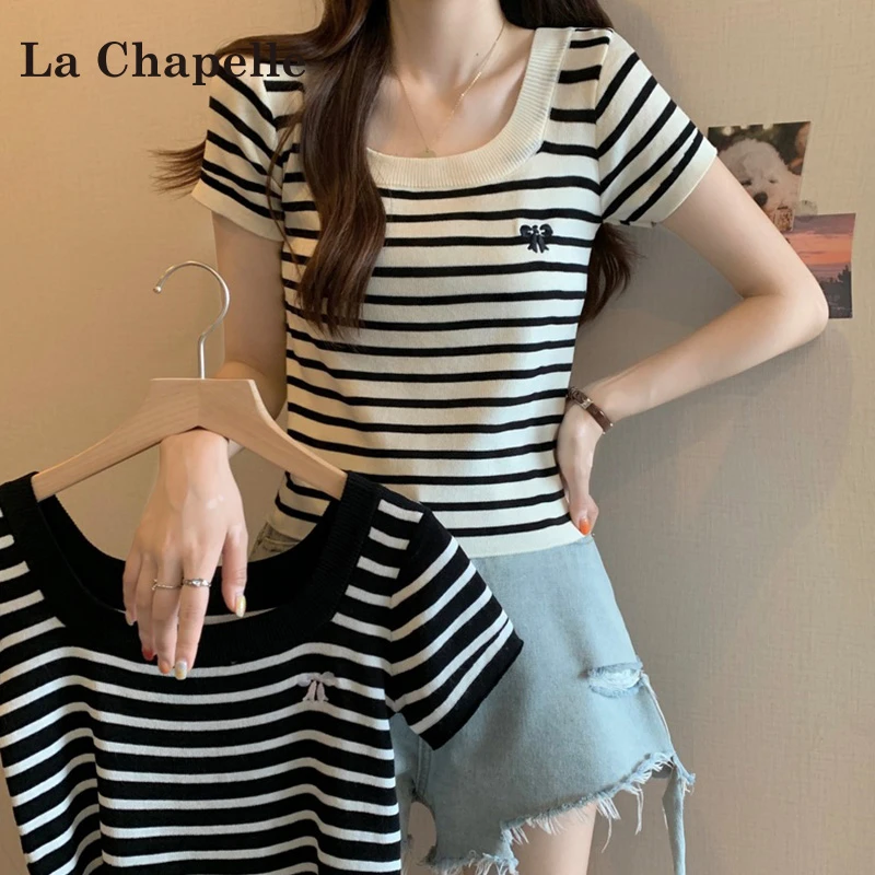 拉夏贝尔大码方领条纹针织短袖t恤女2025夏季新款蝴蝶结刺绣上衣