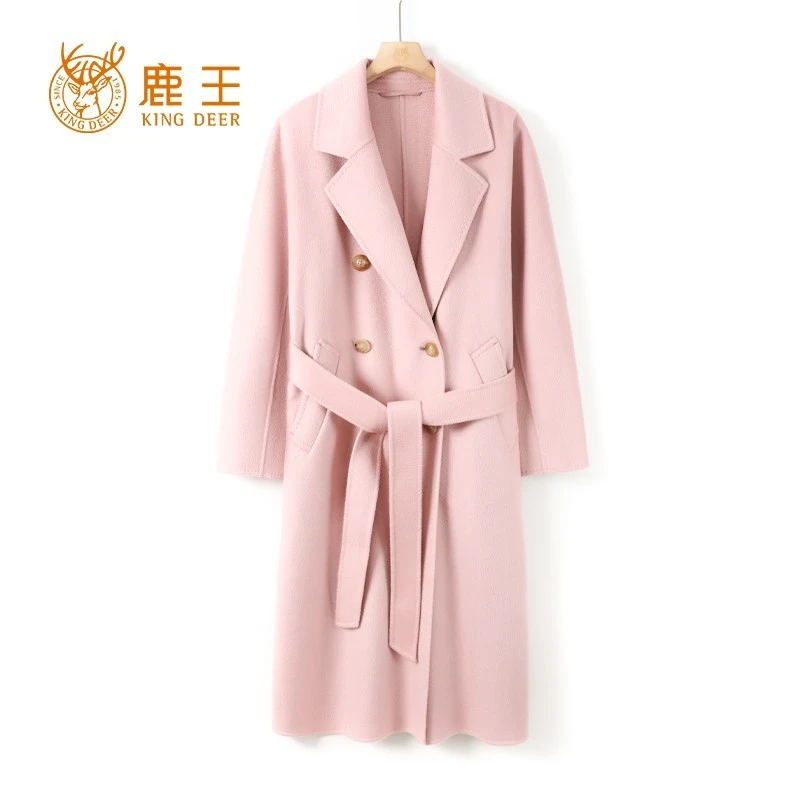 鹿王女翻领100山羊绒水波纹经典801双排扣系带女长大衣LX1031
