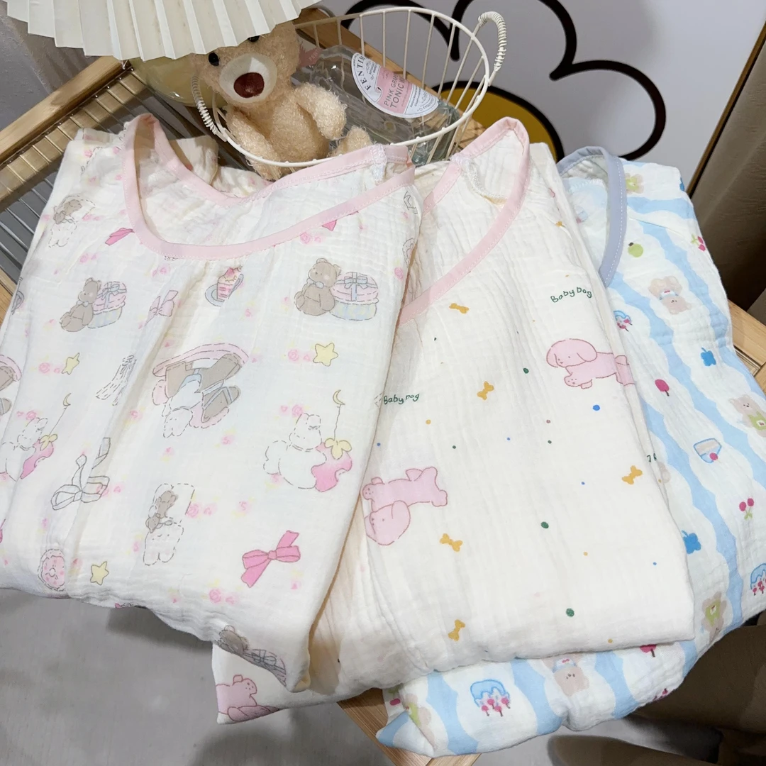 春季婴儿棉纱长袖长裤家居服棉纱舒适透气套装女圆领套头休闲睡衣