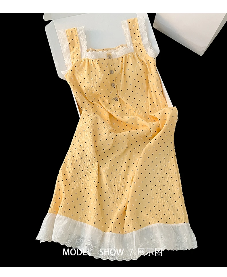 夏天云朵棉睡裙女士带胸垫波点无袖吊带背心2025新款可外穿家居服