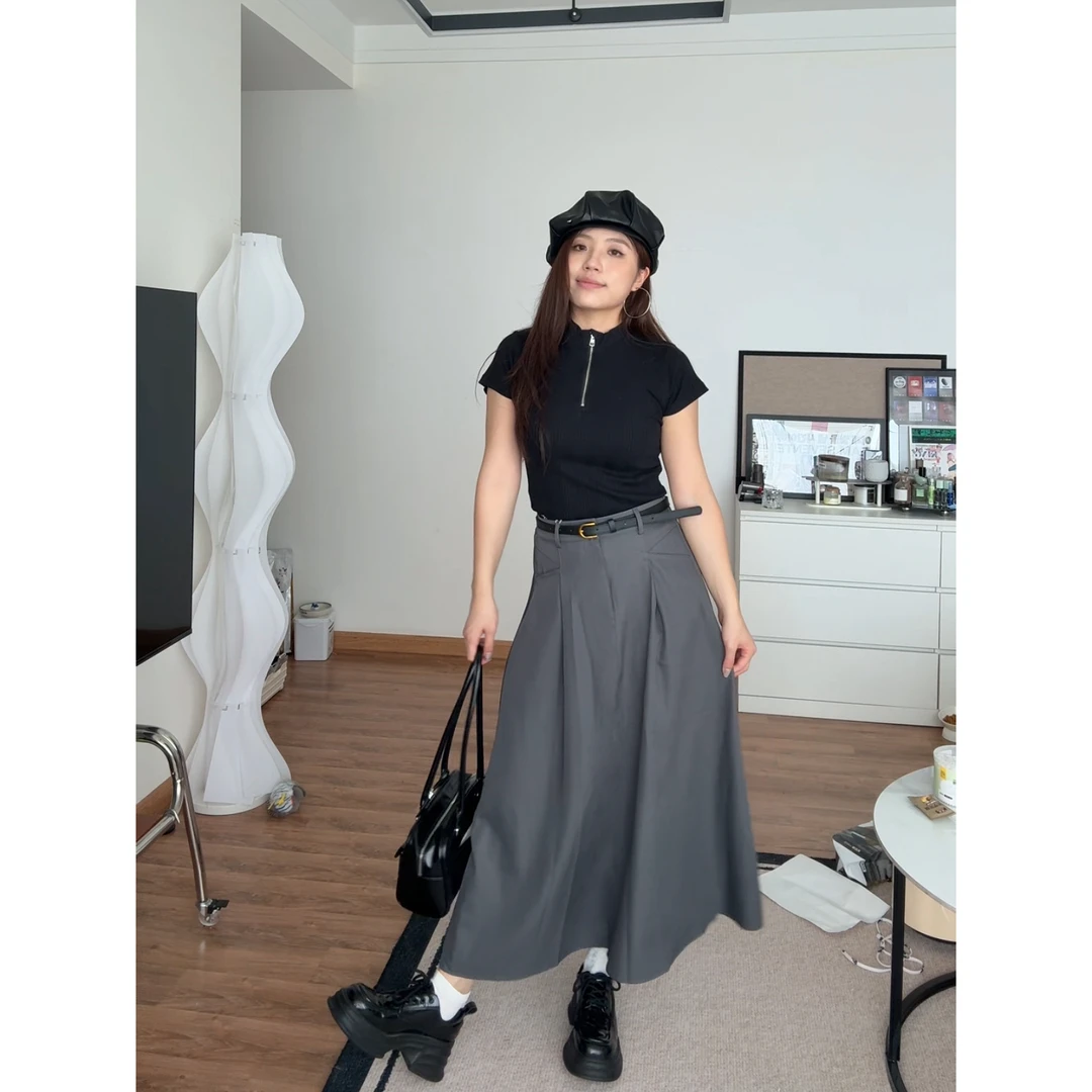 P21 微胖大码显瘦百褶裙长裙西装裙格雷洗秋冬通勤百搭