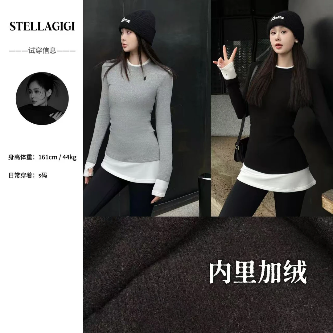 SG / 郭幂幂 AW 不规则假两件 小马刺绣磨毛打底衫T-20242383