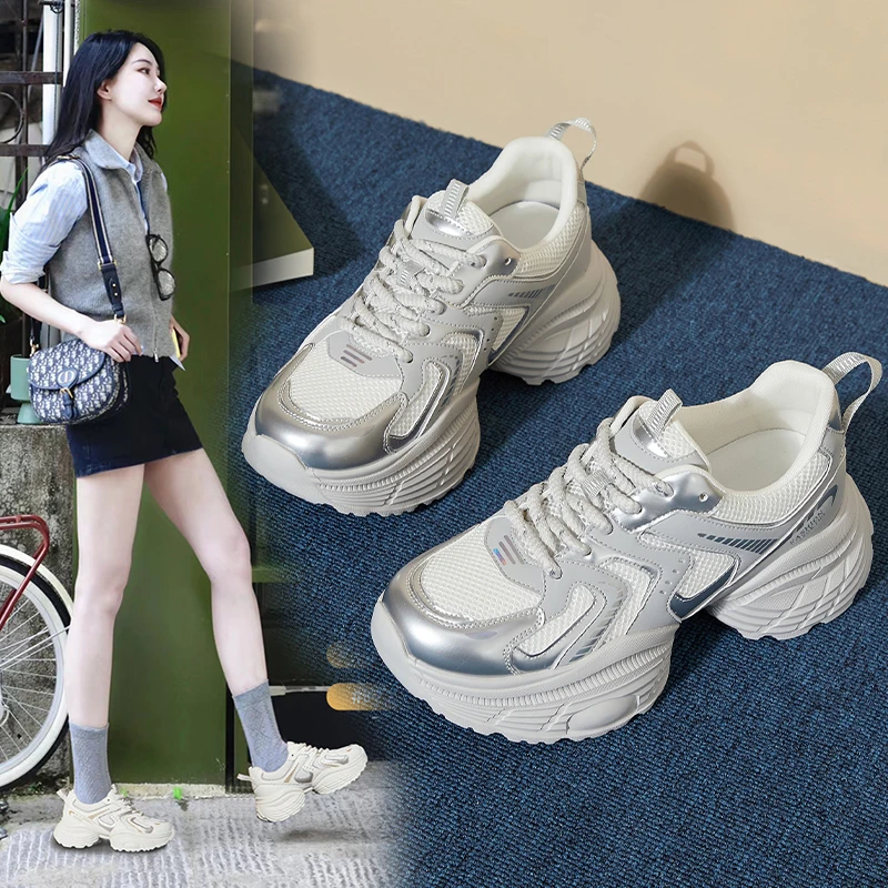 2508大码老爹鞋女春季新款运动鞋时尚百搭真皮女鞋厚底网面休闲鞋