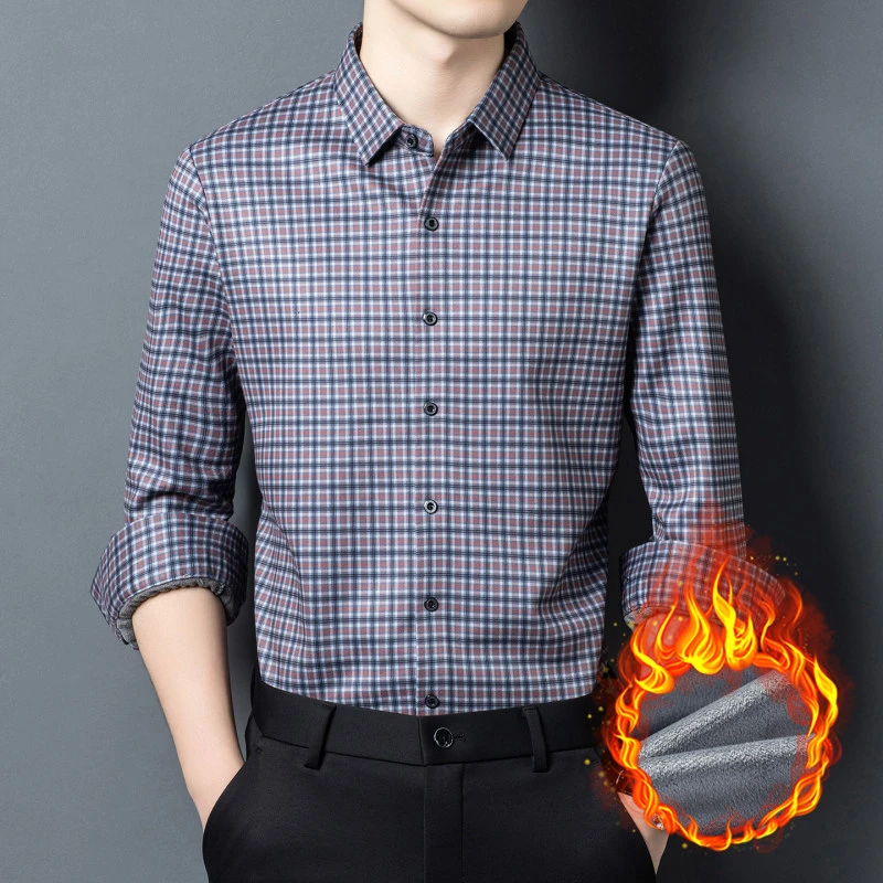 秋季刺绣加绒衬衫长袖加厚标准格子男男士男装男士衬衣长袖中年