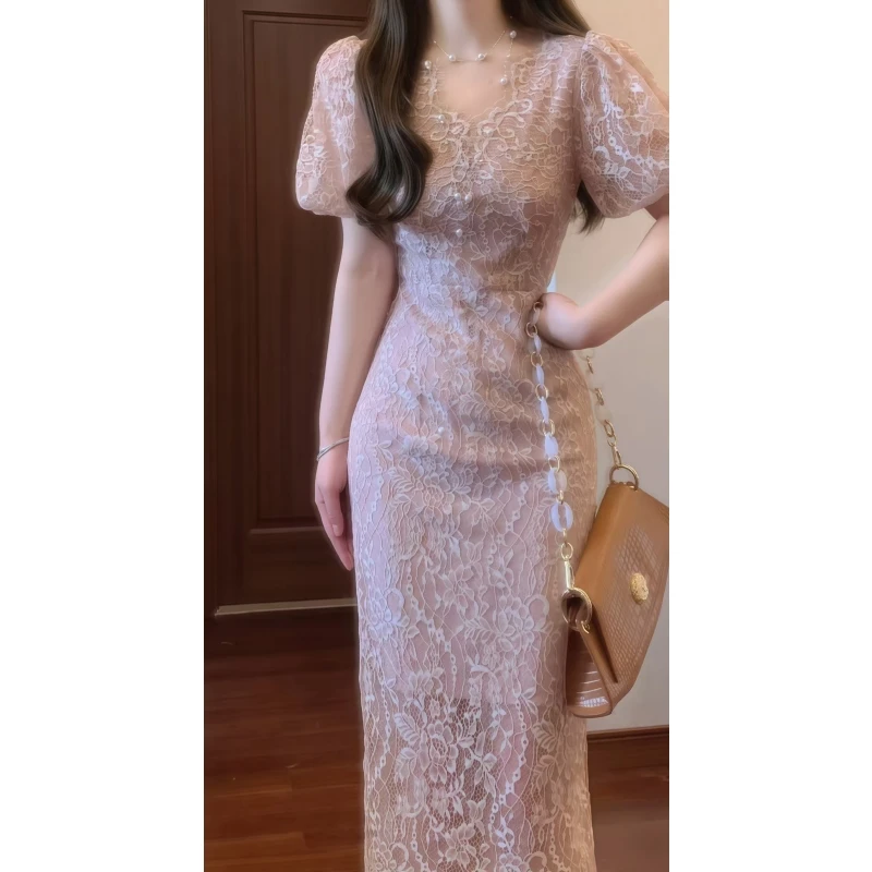 夏季法式复古粉色蕾丝碎花V领短袖连衣裙泡泡袖收腰气质长裙9657