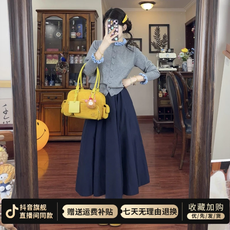 韩系春秋季穿搭2025新款巨好看秋冬花边别致女裙子针织上衣两件套