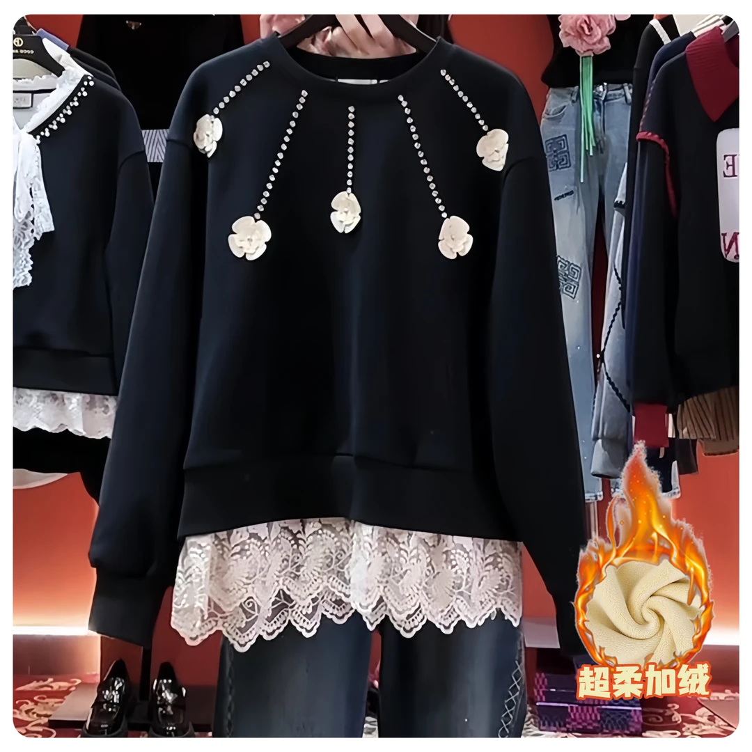 加绒加厚保暖卫衣女2025冬季新款立体装饰蕾丝拼接显瘦百搭上衣女