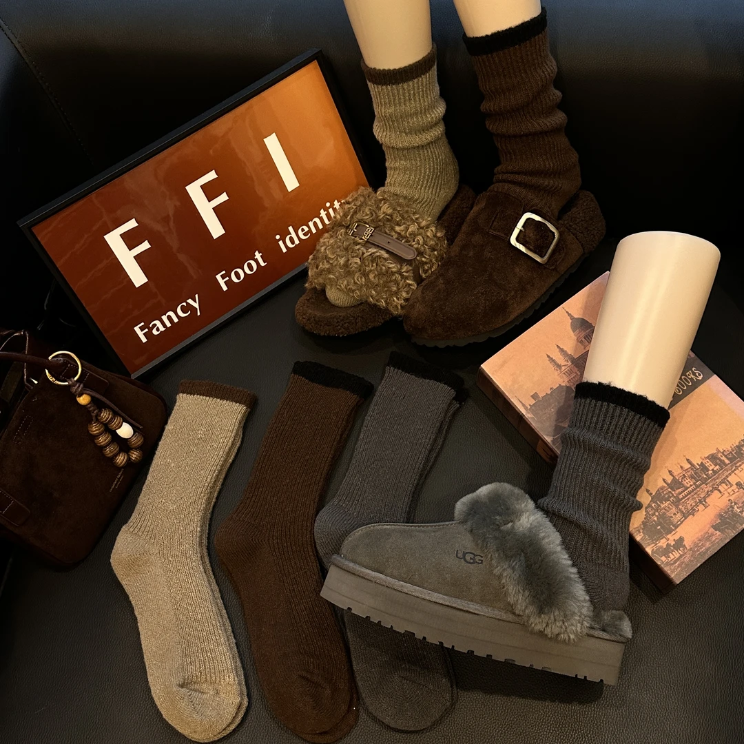 FFI冬季拉毛加厚保暖御寒罗口拼色中筒袜百搭雪地鞋加厚勃肯