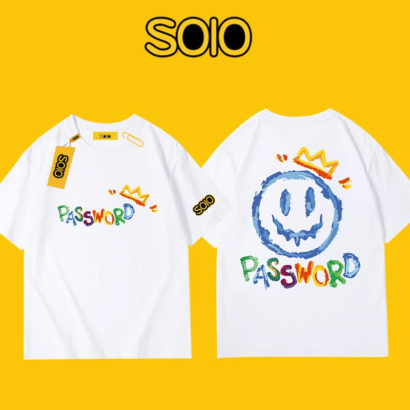 【SOLO】260g重磅笑脸纯棉T恤短袖纯棉宽松设计感情侣款男上衣服ins