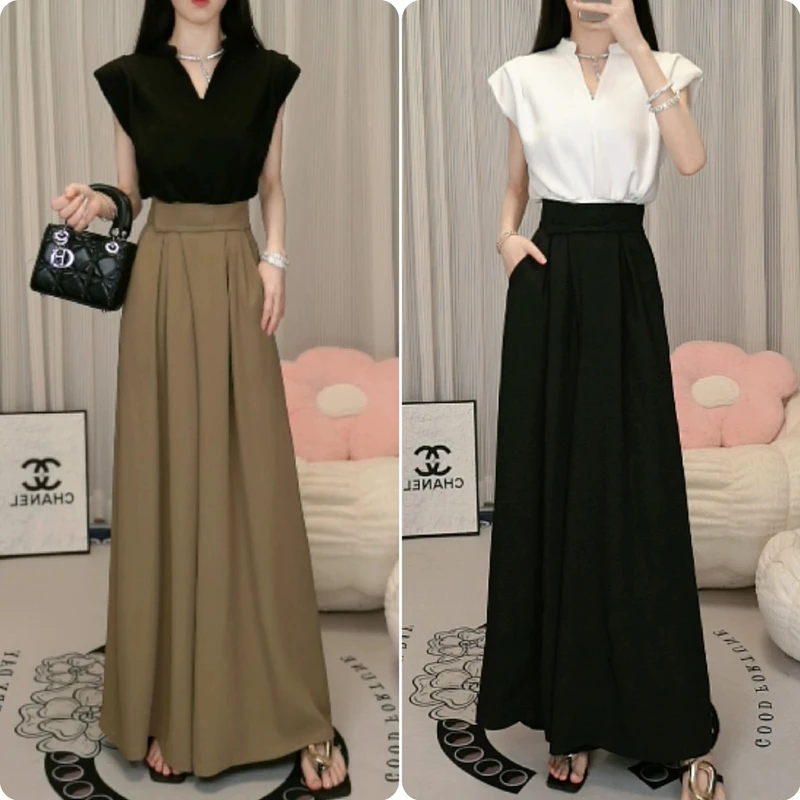 2025春夏新款御姐风气质百搭收腰上衣魔术贴高腰阔腿裤裙裤套装2