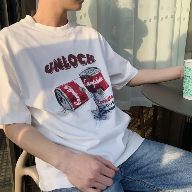 【罐头】情侣潮流大落肩纯棉休闲圆领印花简约半袖运动短袖男t恤667