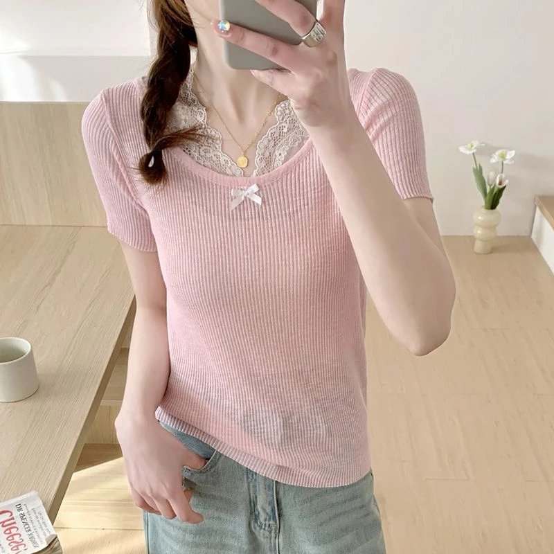 （编码001-099）春夏新款洋气条纹圆领镂空针织短袖上衣女