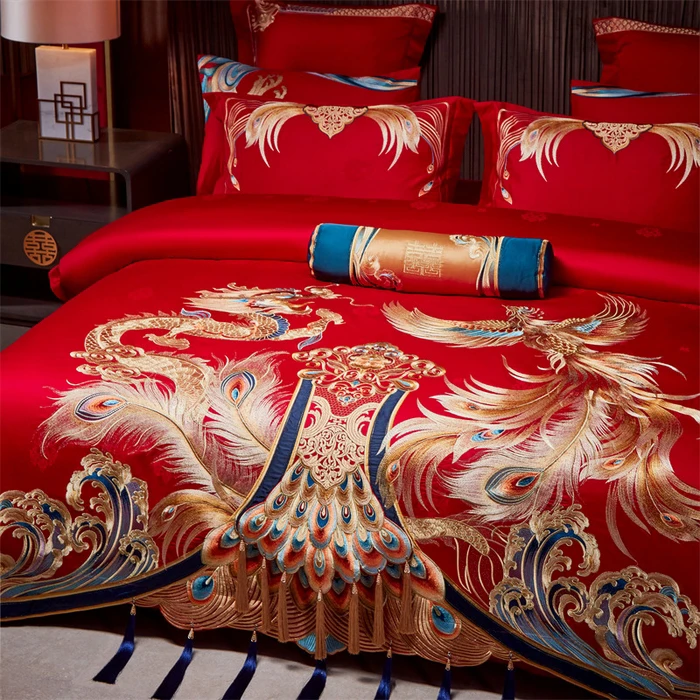 （揭盖有喜）高端床品套件刺绣龙凤喜被四件套床上用品被套被罩喜被