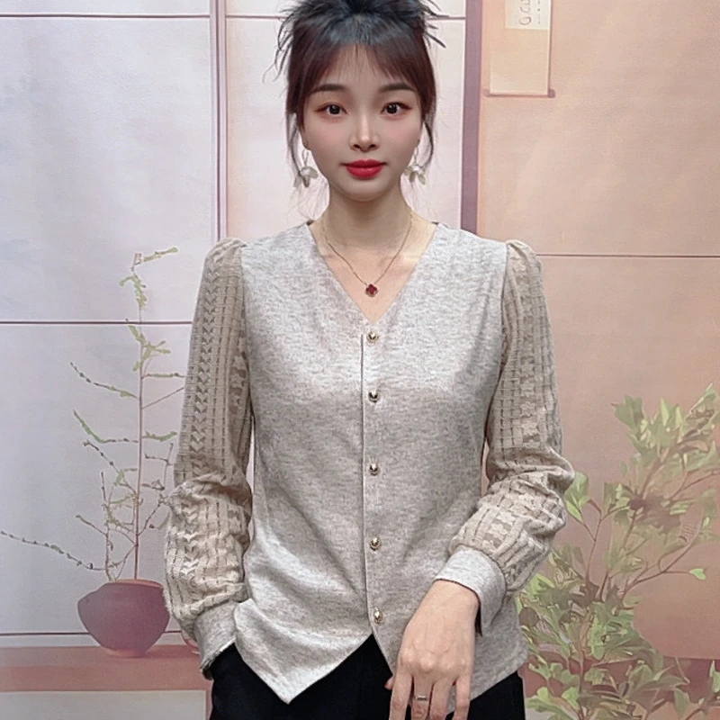 拼接蕾丝针织洋气小衫2025秋季新款外穿修身显瘦气质打底衫女上衣