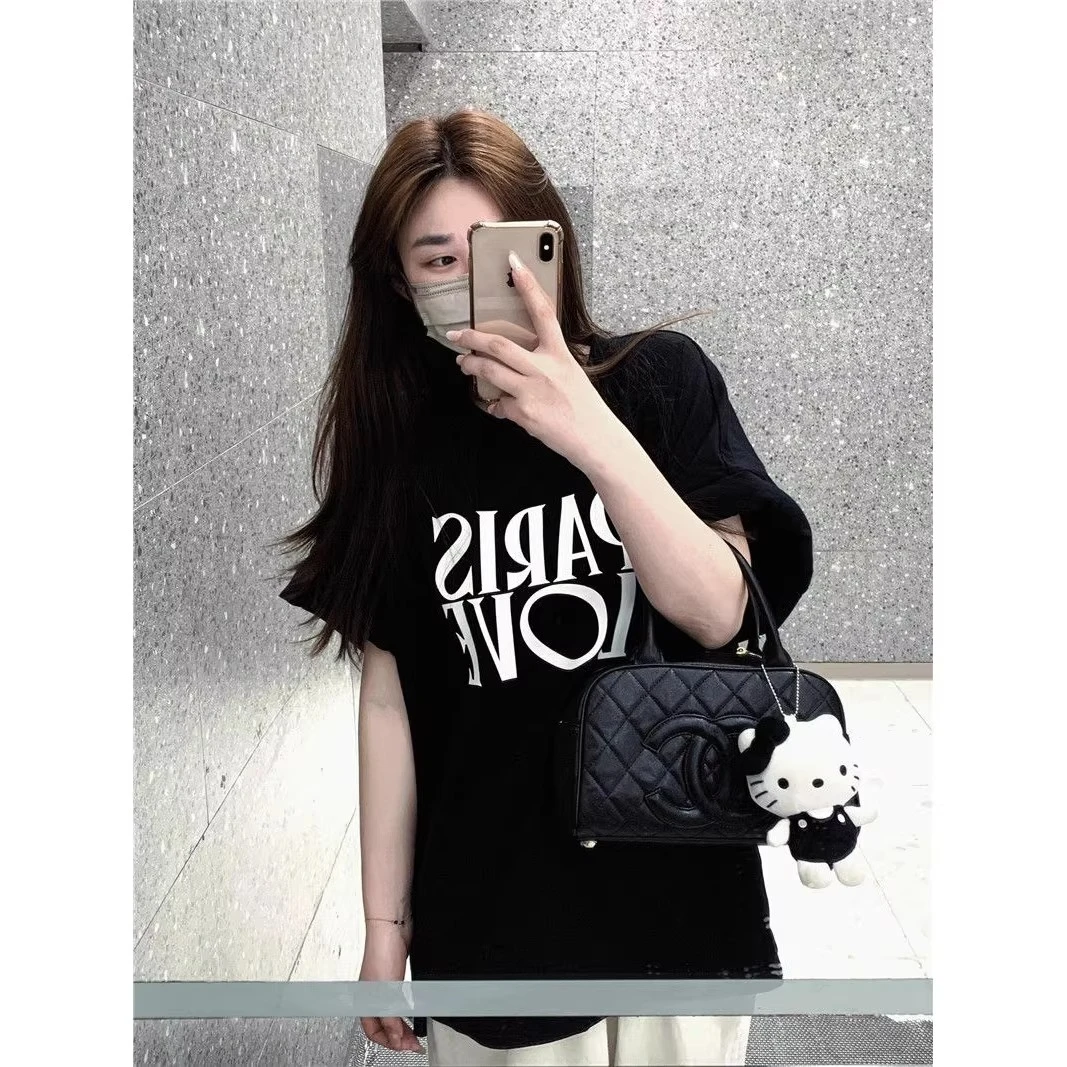 纯棉复古字母印花黑色短袖t恤女夏季新款美式宽松休闲百搭上衣ins