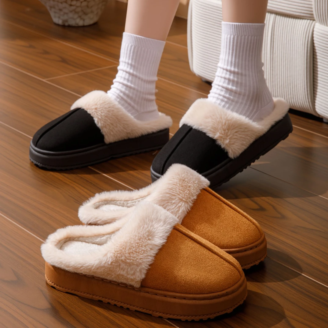 2025秋冬季新款加厚加绒百搭厚底毛绒保暖情侣美拉德棉拖鞋居家