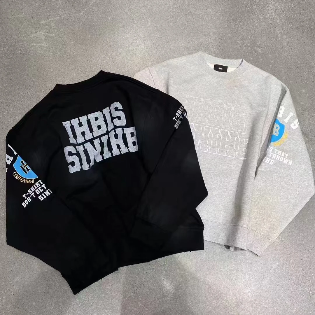 【ZNZ】潮牌IHB秋冬美高街磨边加绒做旧字母印花宽松痞帅男女卫衣潮