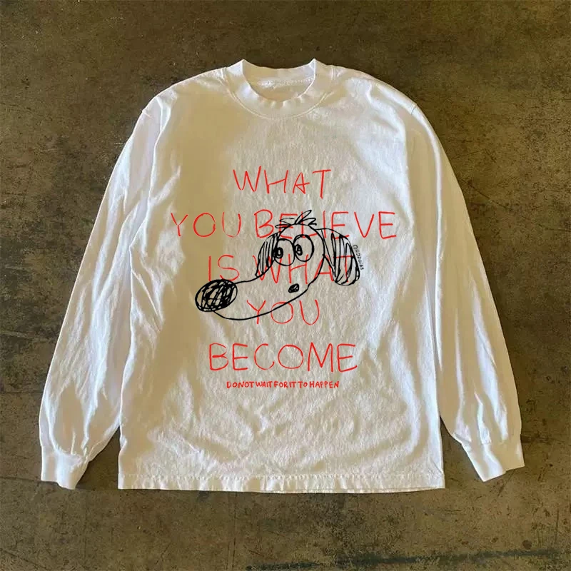 300克重磅！美式休闲ins趣味字母印花t恤2025年新款百搭情侣长袖衫