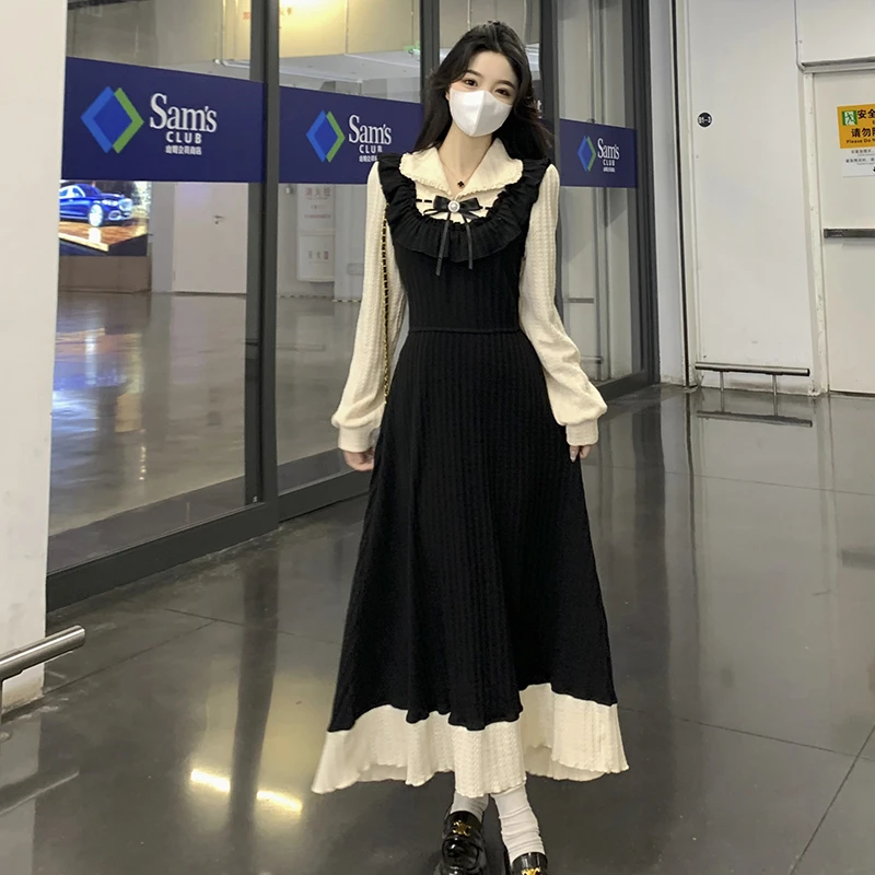 大码微胖法式针织连衣裙女秋季时尚高级感小黑裙胖MM收腰显瘦裙子