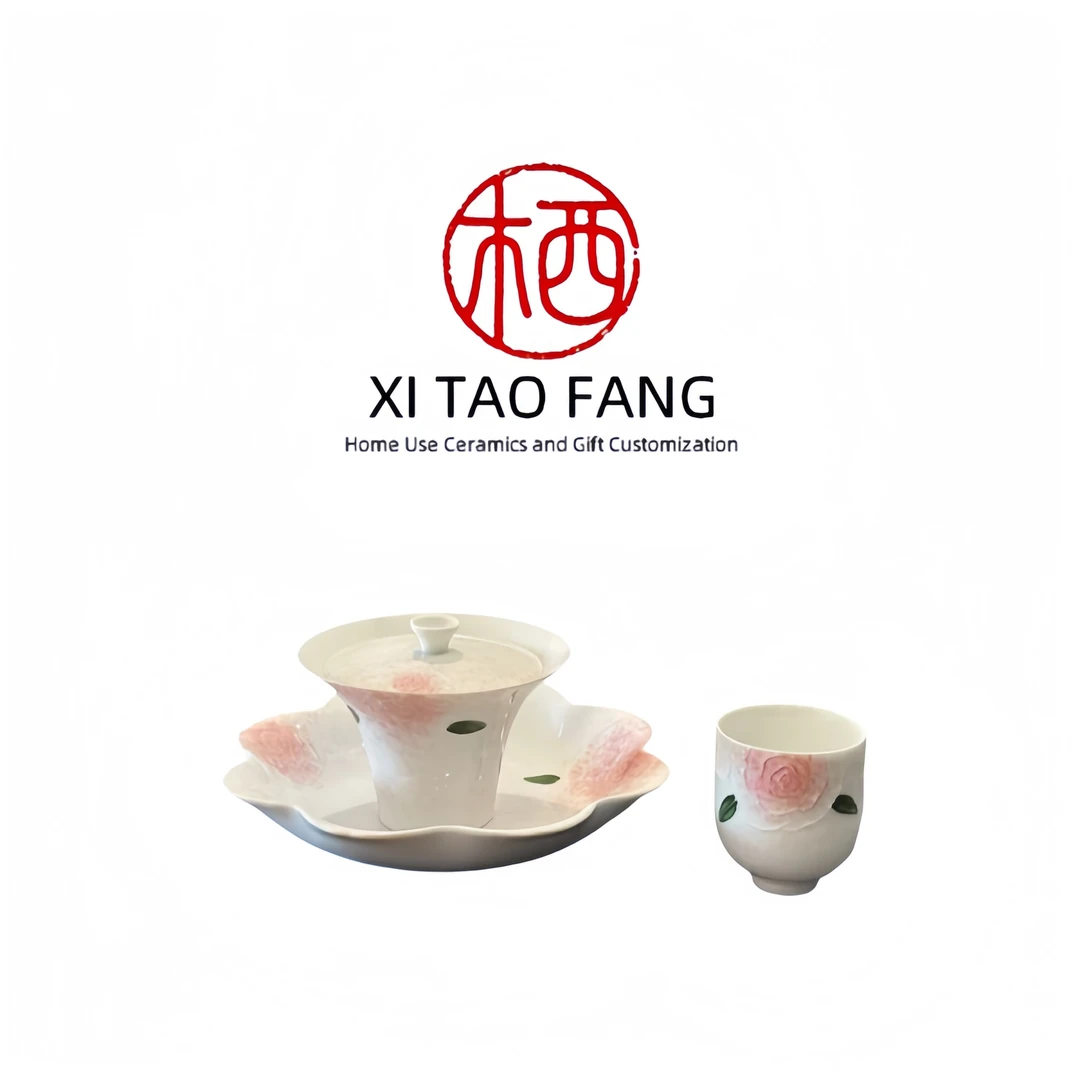 手绘红玫瑰盖碗茶杯个人杯品茗杯家用陶瓷茶具单品三才茶碗主人杯