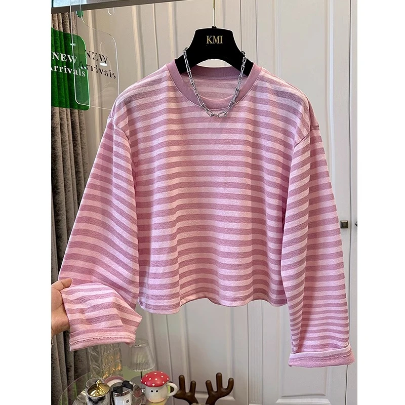 胖妹妹大码圆领条纹撞色长袖时尚防晒服女上衣短款户外宽松夏薄款