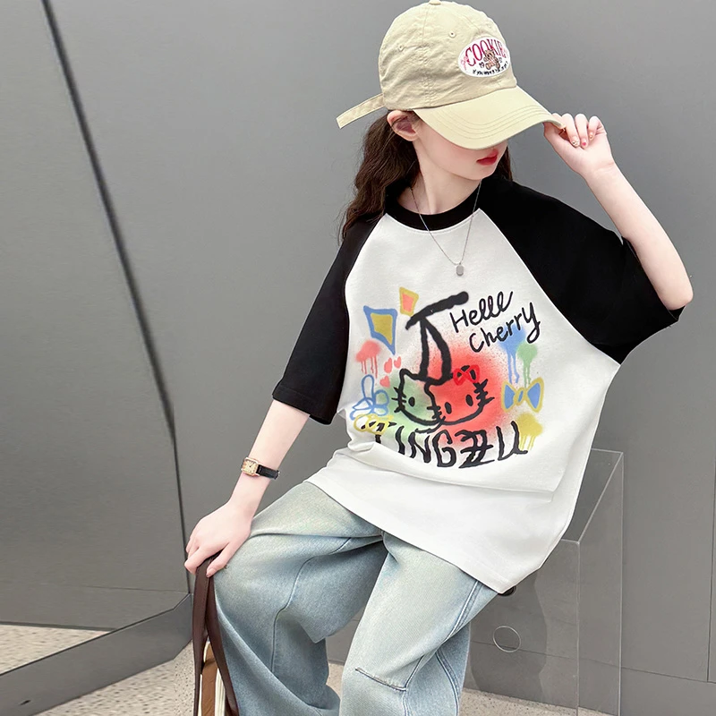 女大童夏季短袖套装2025新款洋气女孩夏装棉T恤牛仔裤两件套潮