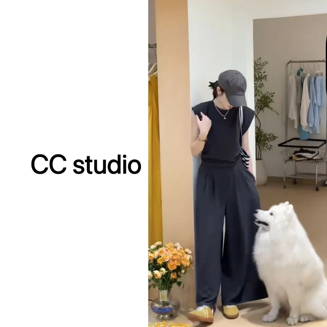 CC.studio韩系小飞袖高腰显瘦阔腿裤两件套