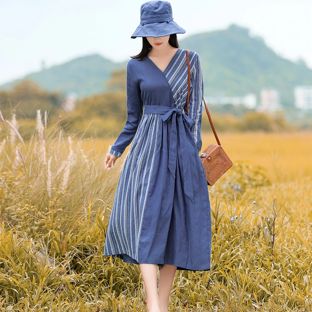 【断码福利】亚麻四季通用拼接纯色长裙连衣裙女装中长款洋气收腰