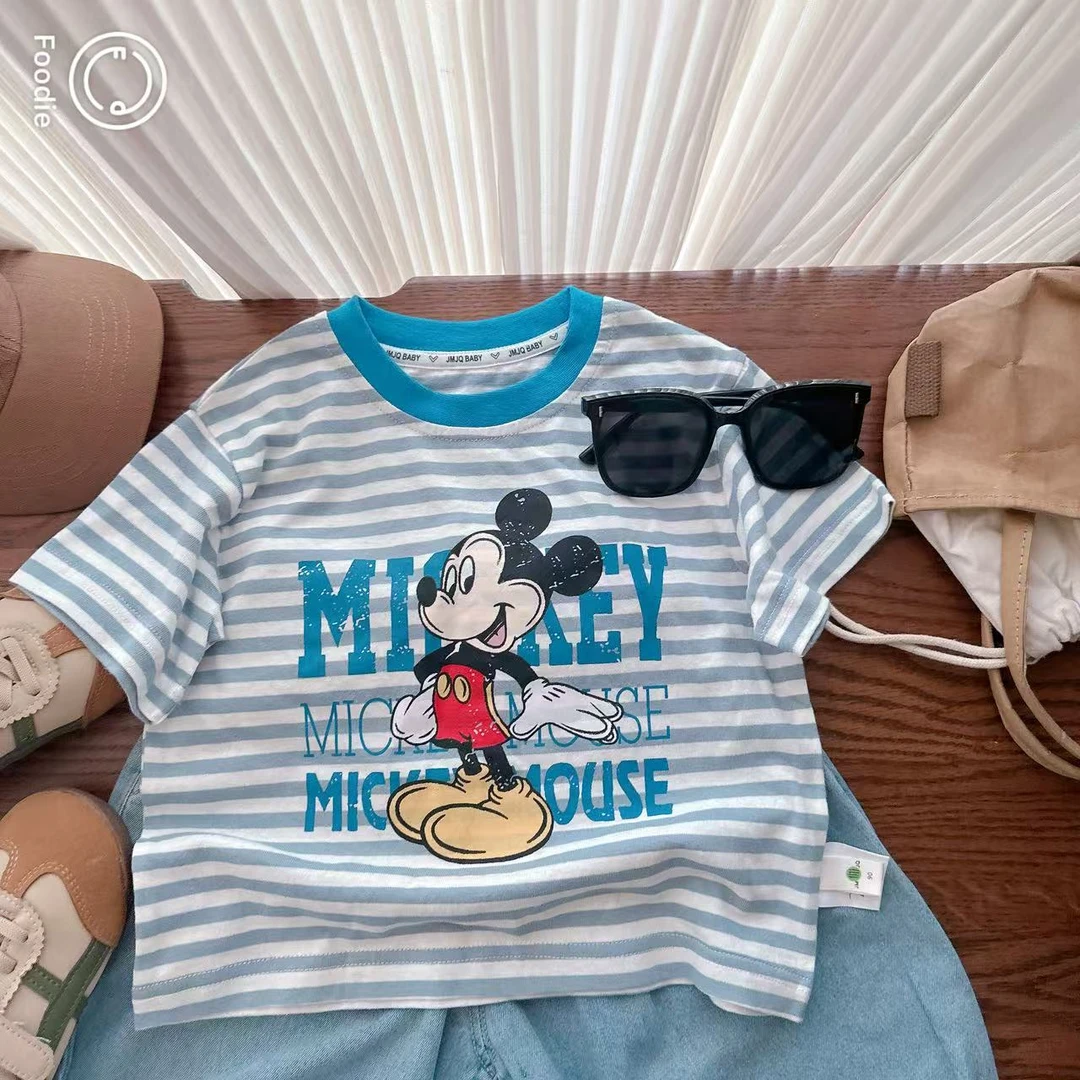 【JMJQ 25106】夏季新款中小童韩版亲肤色织条纹清爽印花短袖体恤