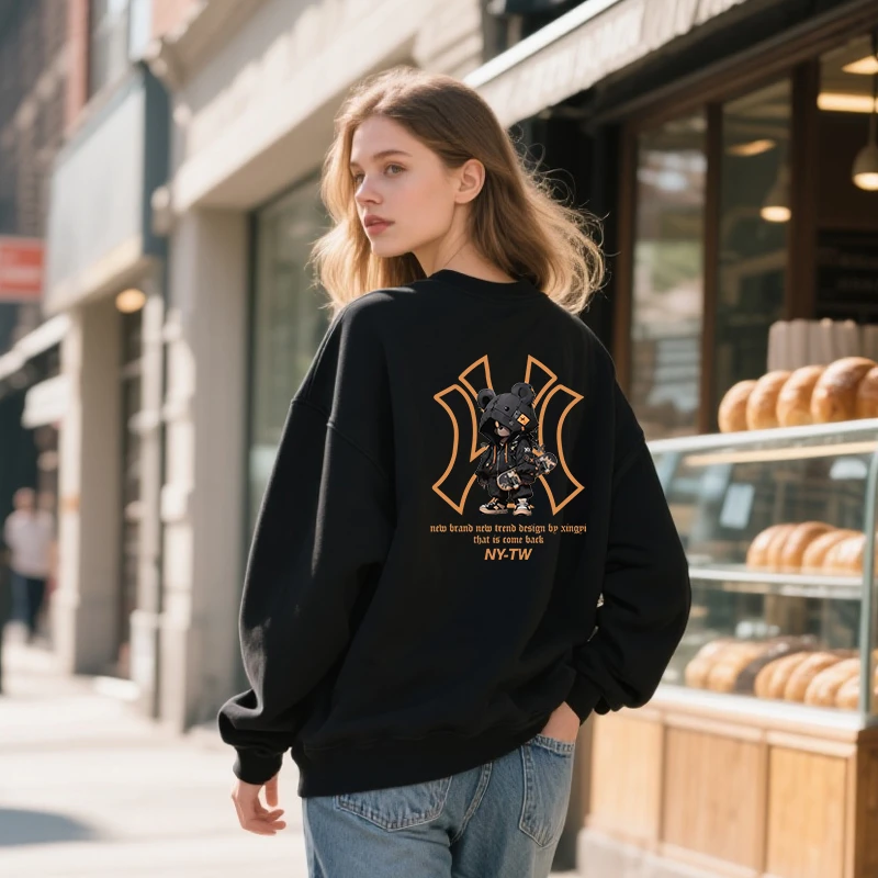 美式韩系宽松潮流卫衣橙标纹理帽衫滑板熊卫衣男女同款