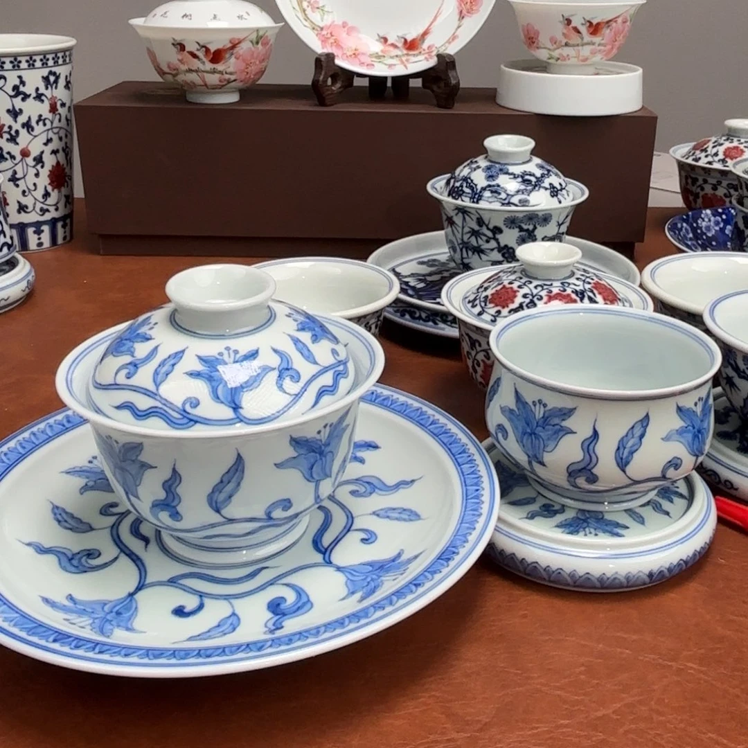 茶具栀子花手绘四件套景德镇发货