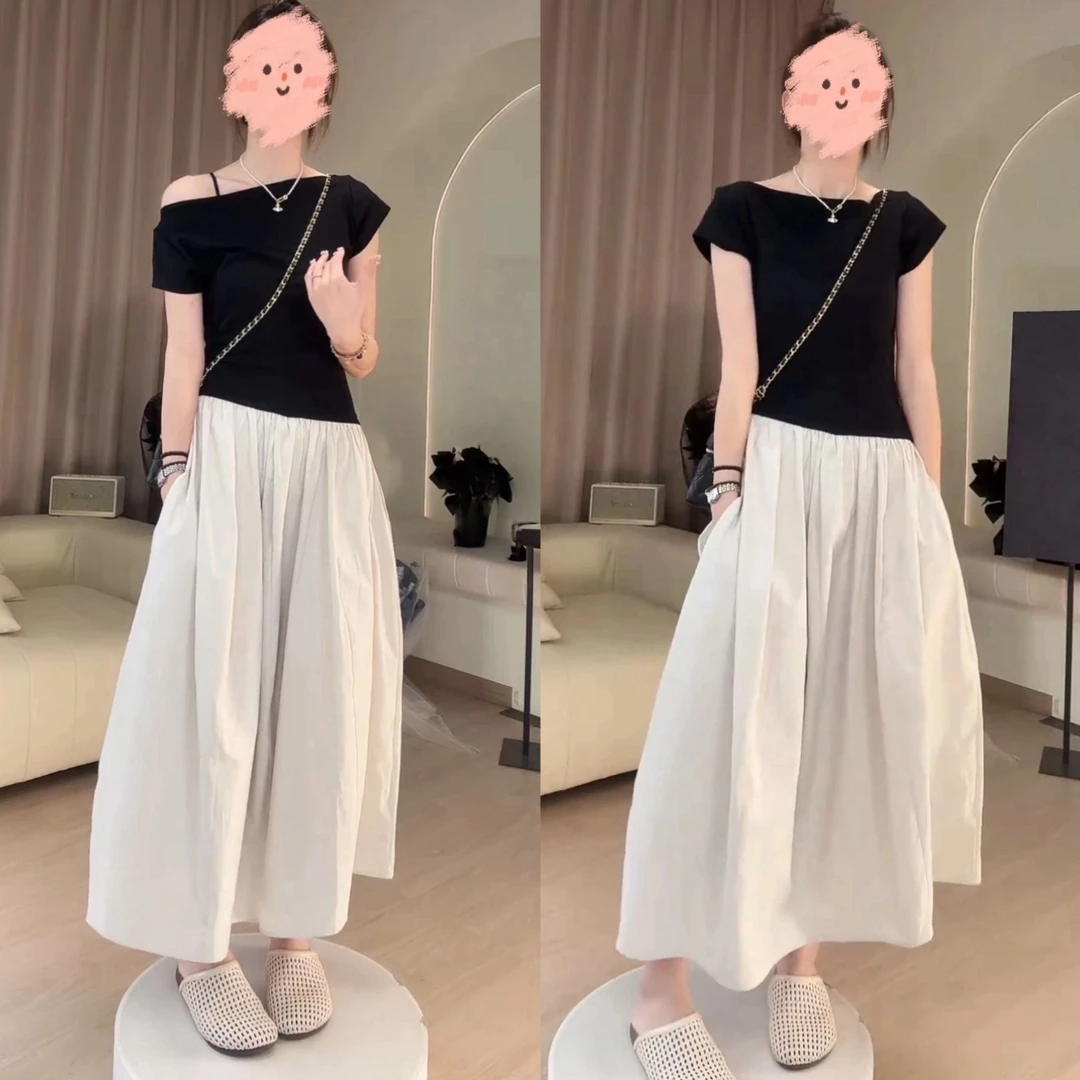 法式复古撞色拼接一字肩连衣裙女夏新款设计感收腰显瘦赫本风长裙