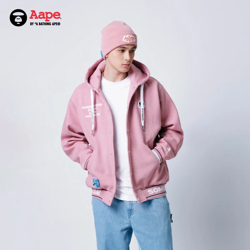 Aape旗舰店男装24秋冬猿人徽章厚绒连帽棒球服卫衣外套B347XBN