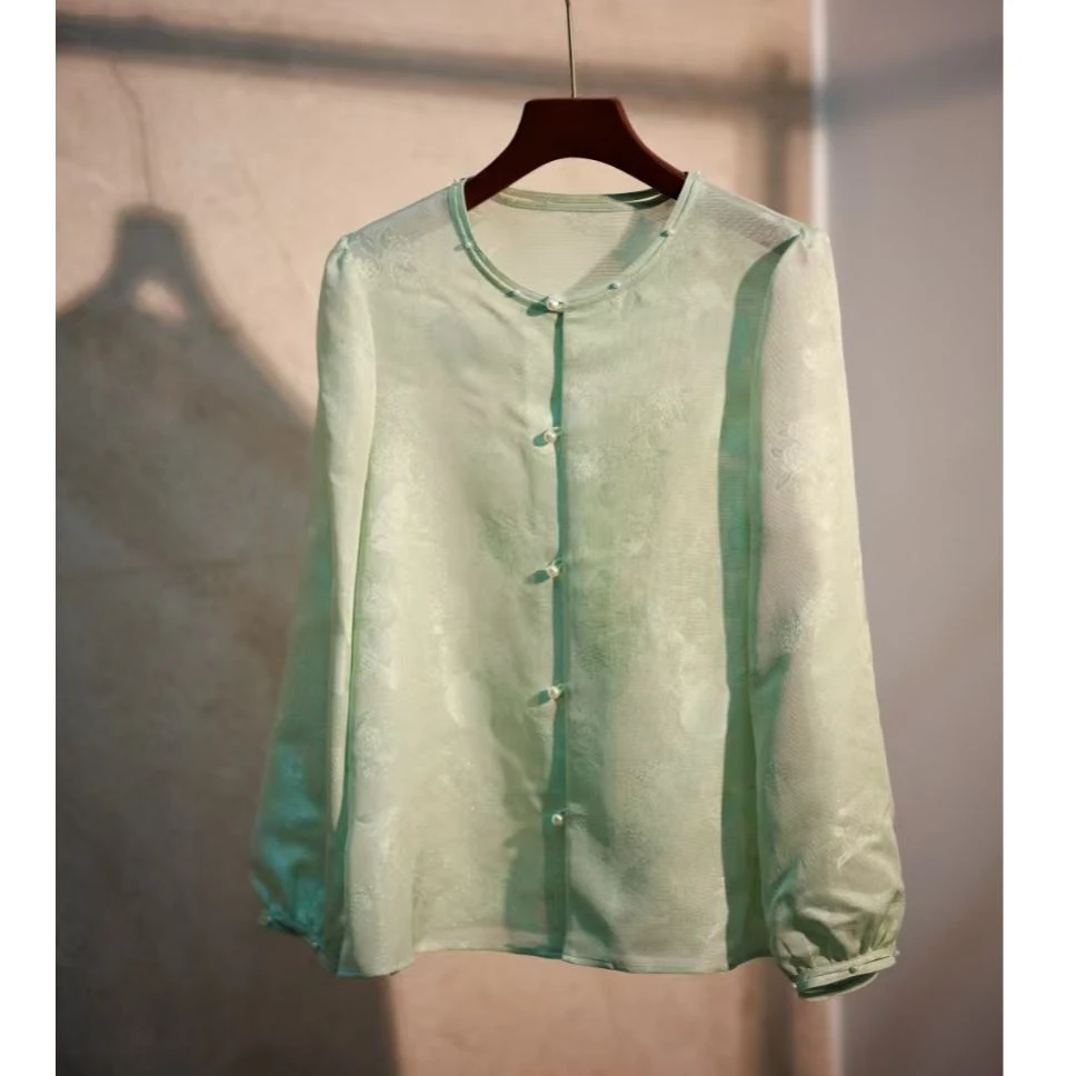 【锦说欢喜】'薄荷绿花好月圆兔外套'张国权织银绞罗外套83935