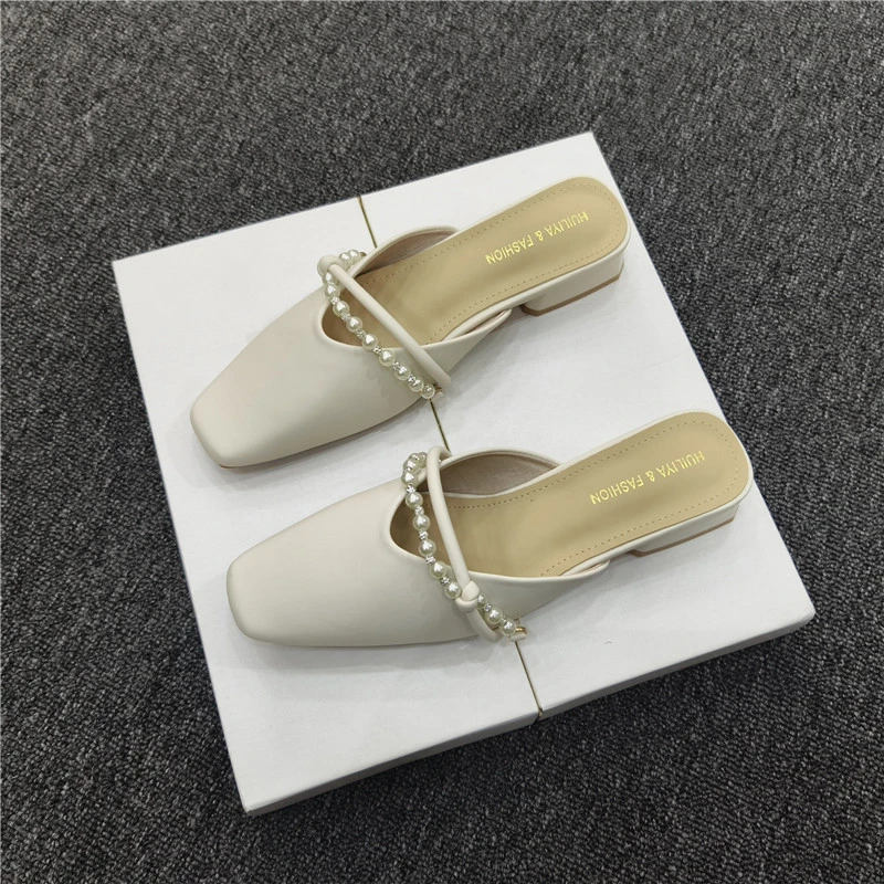 小香风包头凉拖外穿夏2025年新款春秋粗跟半拖鞋女一字带珍珠凉鞋