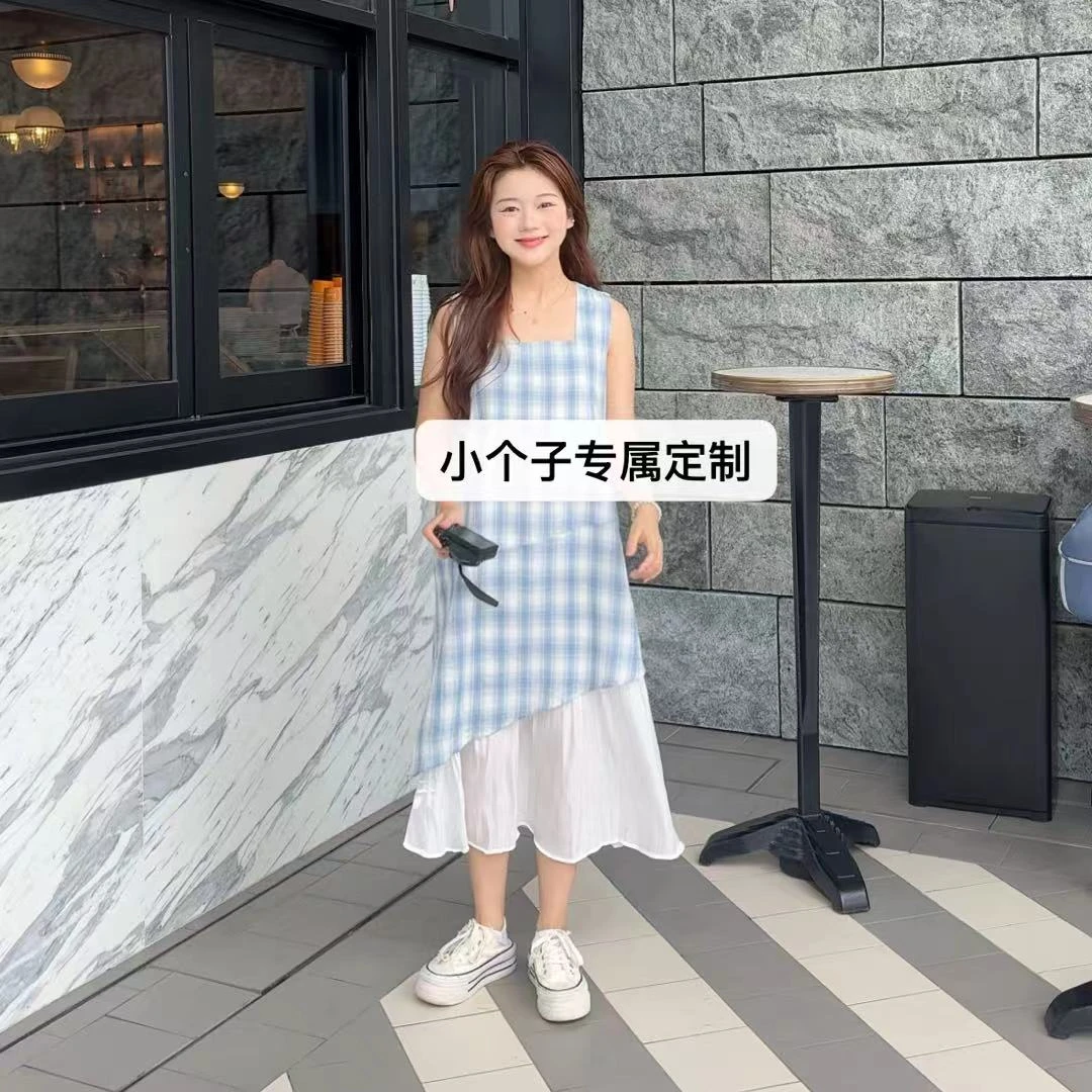 小个子定制蓝色格纹方领无袖A字长裙设计感假两件不规则连衣裙
