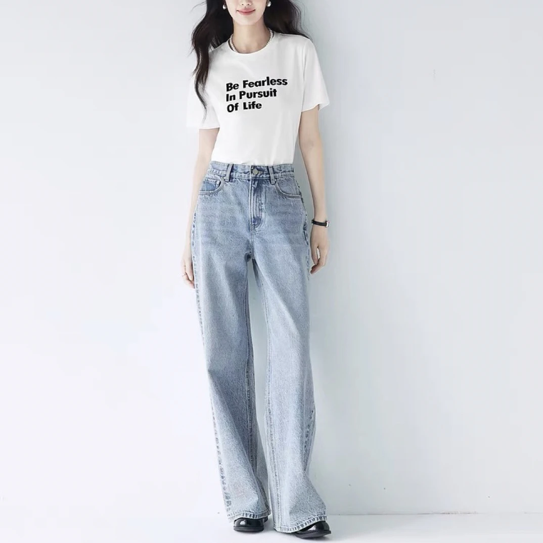 091503 伊~高克重直筒休闲显瘦百搭牛仔拖地裤女2025秋季新款