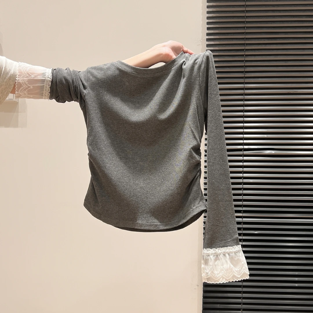 韩系半高领蕾丝拼接长袖T恤女2025秋冬褶皱收腰显瘦磨毛内搭上衣