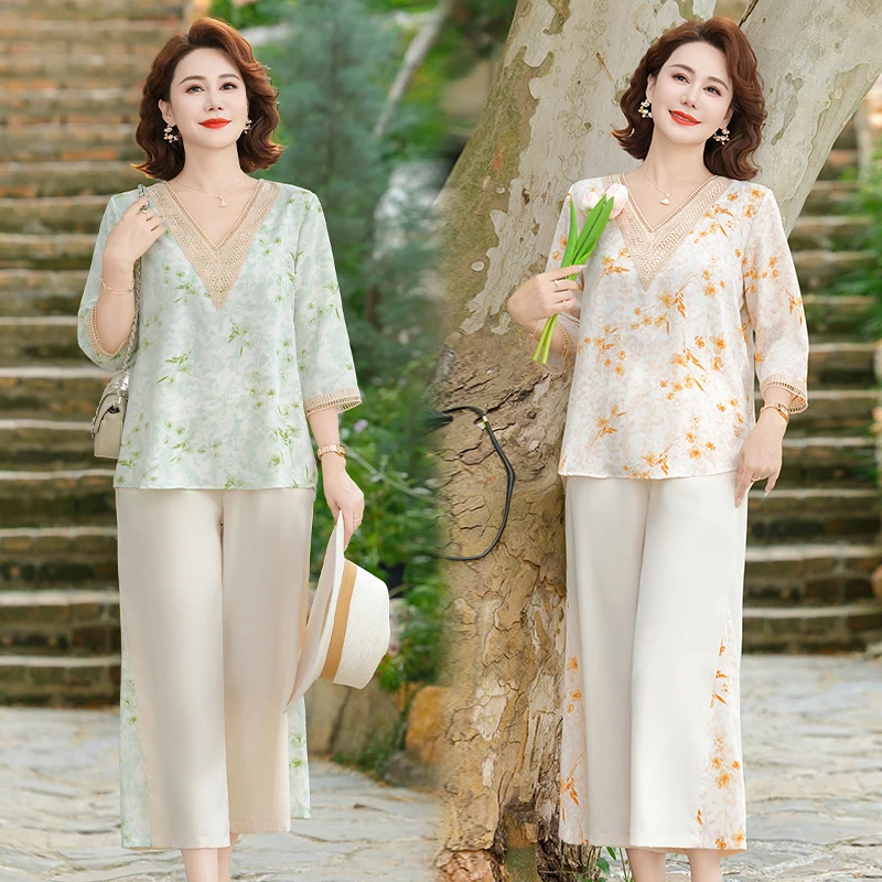2025时尚显瘦女装大码中式中老年凉快衣服洋气休闲风套装