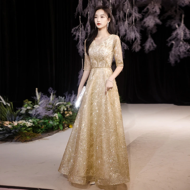 金色晚礼服春季主持人演出连衣裙宴会痞帅炸街风女装礼服气质