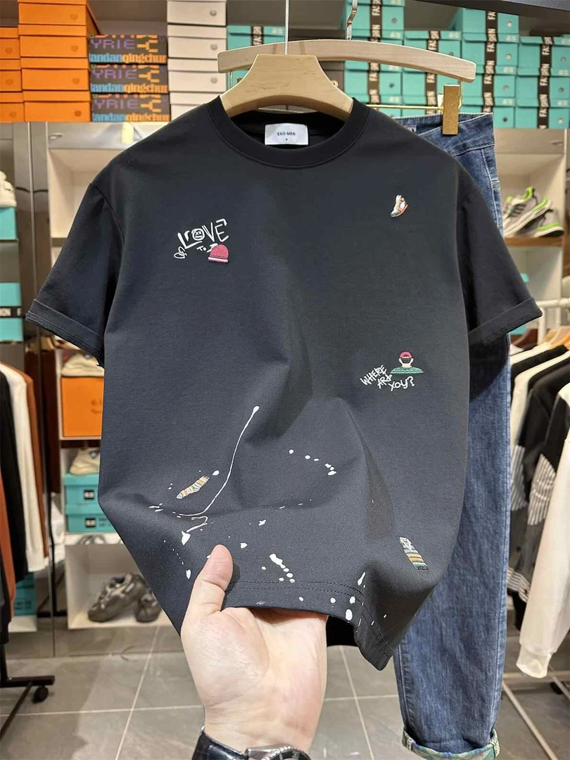 高端个性刺绣短袖t恤男潮牌潮流衣服2025夏季新款男士圆领半截袖
