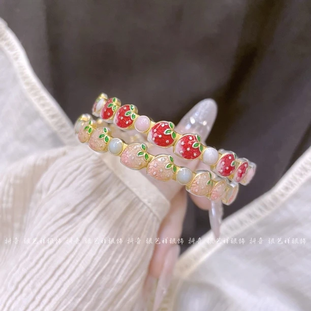 足银银制品 足银999.9甜甜小草莓清新甜美可爱时尚珐琅彩足银手镯