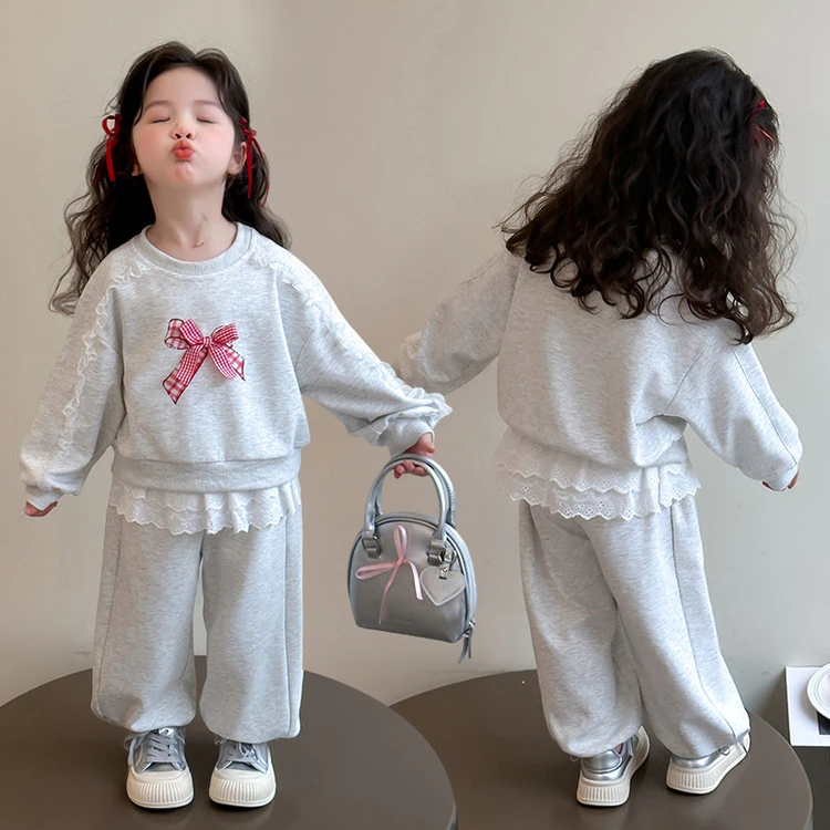 女童休闲套装2025新款儿童春秋装韩版网红甜美蕾丝卫衣两件套时髦