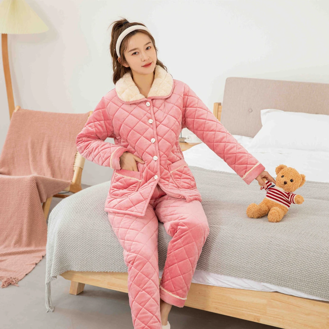 睡衣冬季女珊瑚绒三层加厚水晶绒夹棉加厚加绒保暖法兰绒家居服套